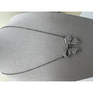 Silver-tone Rhinestone Bow Pendant Necklace